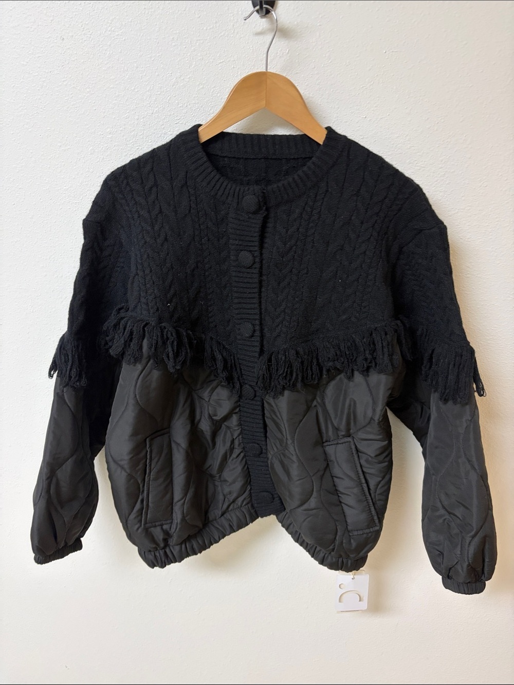 Commense Black Quilted & Knit Jacket with Fringe Accent NWT women’s size S